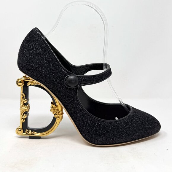 Dolce & Gabbana Mary Jane Pumps Black Baroque DG Logo Heel Size 38 Designer - Picture 3 of 12